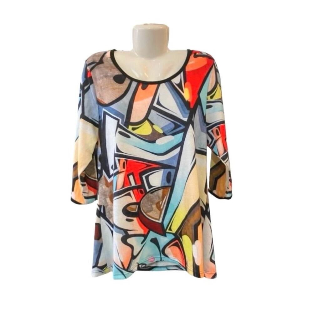 Feratelli Women's Colorful Abstract Artsy 3/4 Sleeve Lightweight Sweater SZ XL